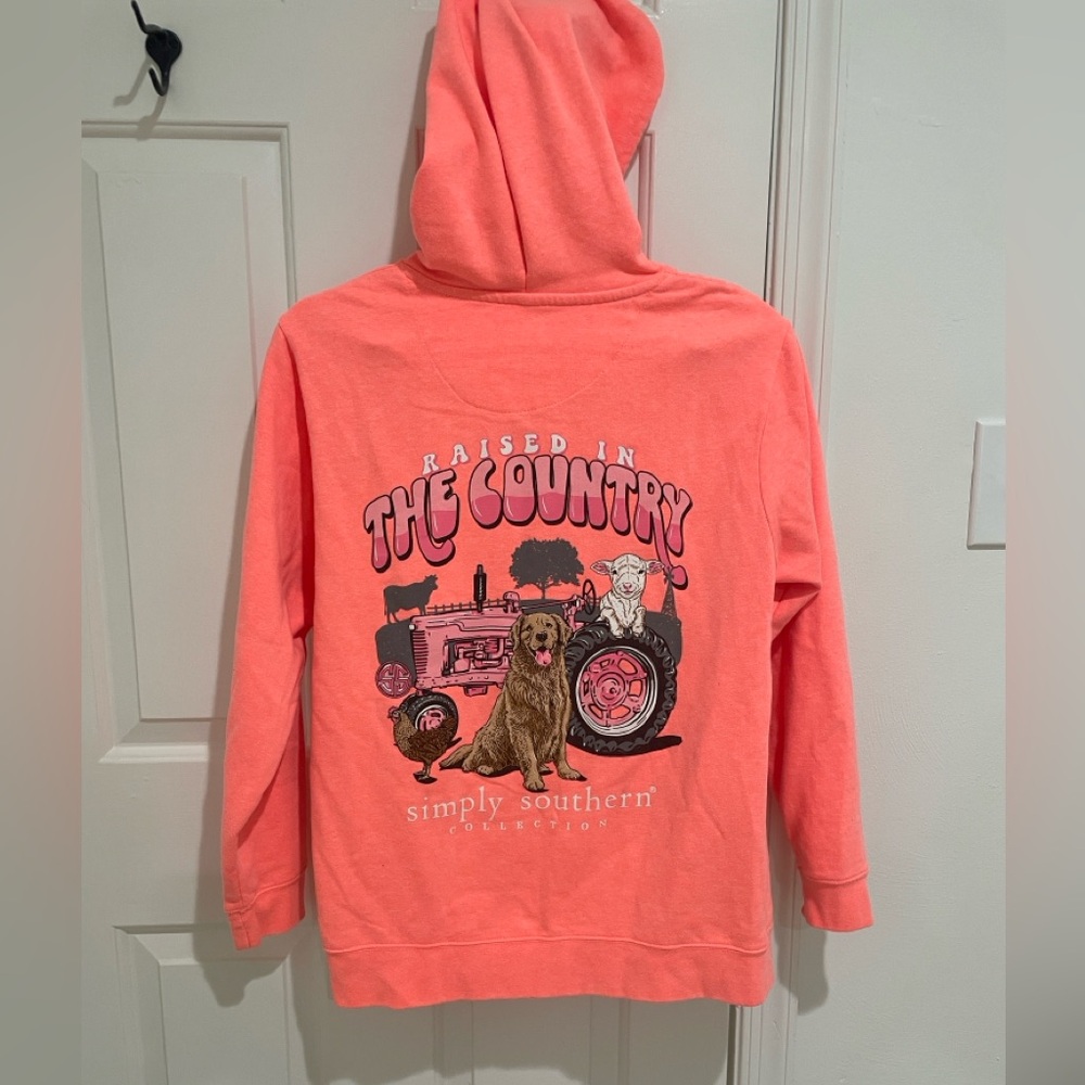 M Simply southern pullover sweatshirt dog farm tractor neon bright pink orange